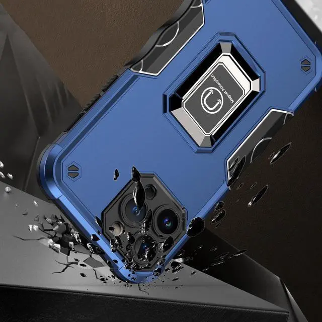 Alt view image 2 of 4 - Military Grade Shockproof Hybrid Armor Case with Ring Grip for iPhone 14 - Blue