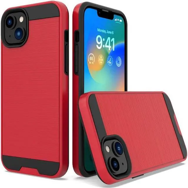 Main image of Brushed Metal Textured Hybrid Armor Case for iPhone 14 Plus - Red