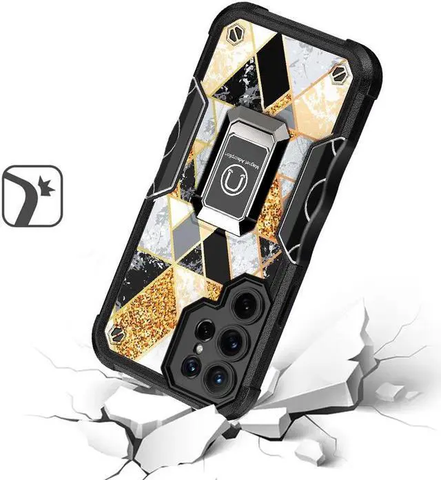 Alt view image 2 of 4 - Military Grade Shockproof Hybrid Case with Ring Holder for Samsung Galaxy S23 Ultra - Marble Gold