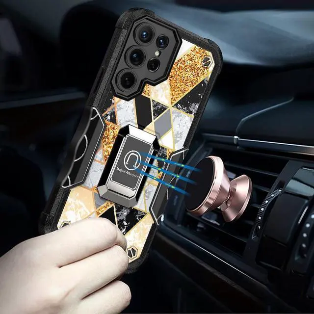 Alt view image 4 of 4 - Military Grade Shockproof Hybrid Case with Ring Holder for Samsung Galaxy S23 Ultra - Marble Gold