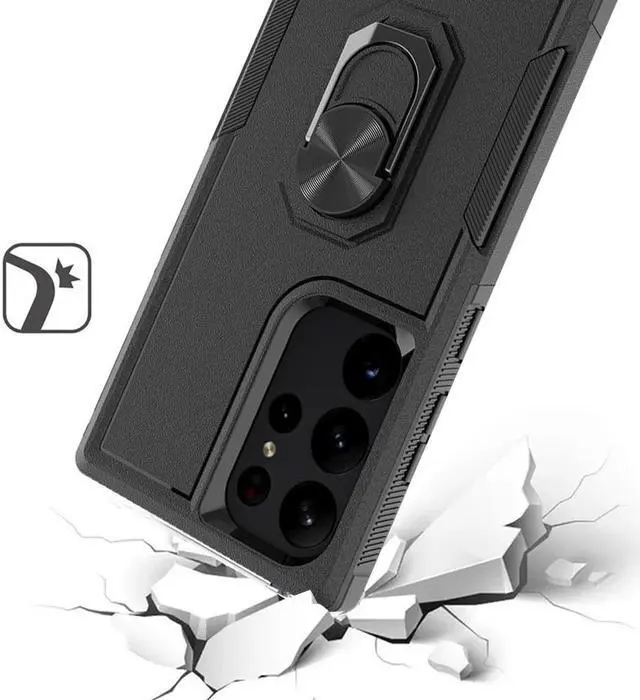 Alt view image 2 of 4 - Military Grade TUFF Shockproof Hybrid Case with Ring Grip for Samsung Galaxy S23 Ultra - Black