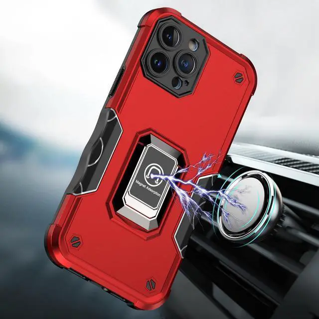 Alt view image 4 of 4 - Military Grade Shockproof Hybrid Armor Case with Ring Grip for iPhone 14 - Red