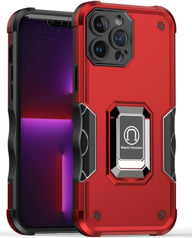 Alt view image 3 of 4 - Military Grade Shockproof Hybrid Armor Case with Ring Grip for iPhone 14 - Red
