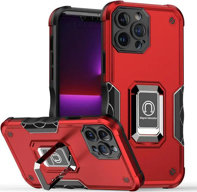 Main image of Military Grade Shockproof Hybrid Armor Case with Ring Grip for iPhone 14 - Red