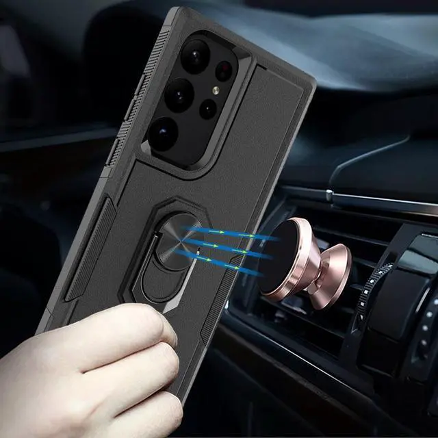 Alt view image 4 of 4 - Military Grade TUFF Shockproof Hybrid Case with Ring Grip for Samsung Galaxy S23 Ultra - Black