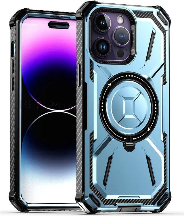Alt view image 5 of 7 - MagSafe Compatible Military Grade Hybrid Case with Kickstand Ring Holder for iPhone 13 Pro Max - Blue