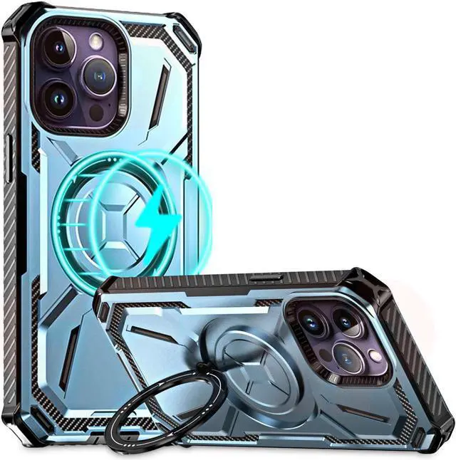 Alt view image 7 of 7 - MagSafe Compatible Military Grade Hybrid Case with Kickstand Ring Holder for iPhone 13 Pro Max - Blue