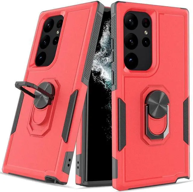Main image of Military Grade TUFF Shockproof Hybrid Case with Ring Grip for Samsung Galaxy S23 Ultra - Red