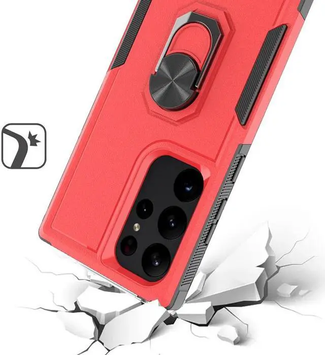 Alt view image 2 of 4 - Military Grade TUFF Shockproof Hybrid Case with Ring Grip for Samsung Galaxy S23 Ultra - Red