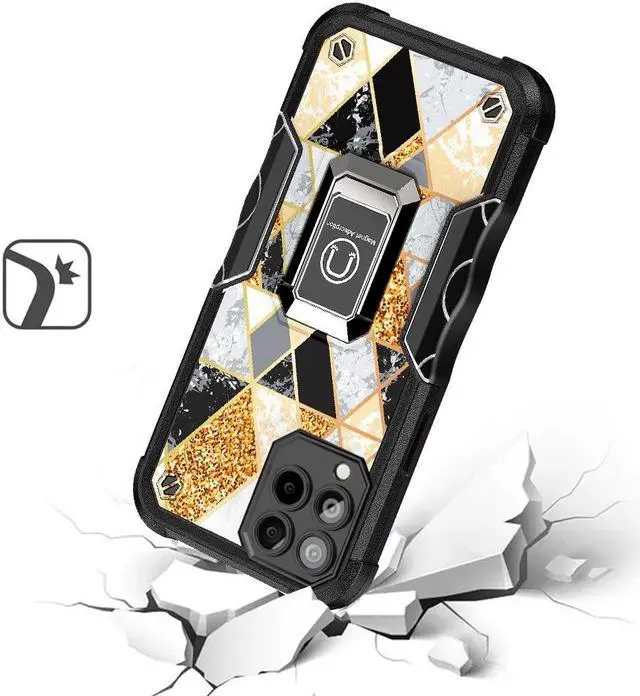 Alt view image 2 of 4 - Military Grade Shockproof Hybrid Armor Case with Ring Grip for T-Mobile REVVL 6 Pro 5G - Marble Gold