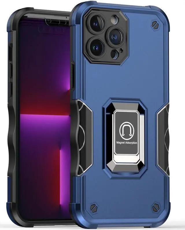 Alt view image 3 of 4 - Military Grade Shockproof Hybrid Armor Case with Ring Grip for iPhone 14 Plus - Blue