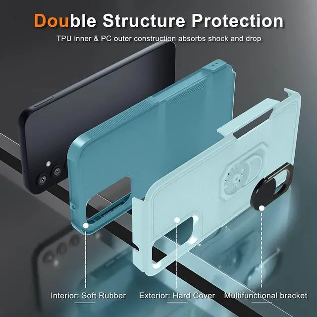 Alt view image 6 of 7 - Military Grade TUFF Shockproof Hybrid Armor Case with Ring Grip for Samsung Galaxy A14 5G - Teal