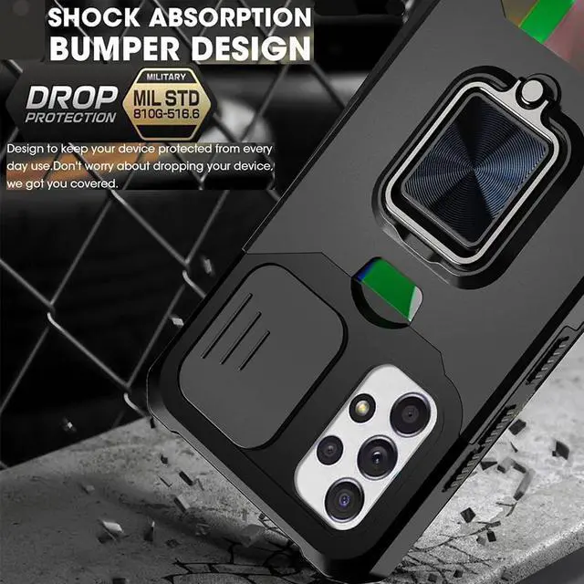 Alt view image 4 of 7 - Military Grade All-In-One Ring Stand Card Case and Tempered Glass Screen Protector for Samsung Galaxy A13 5G / 4G - Black