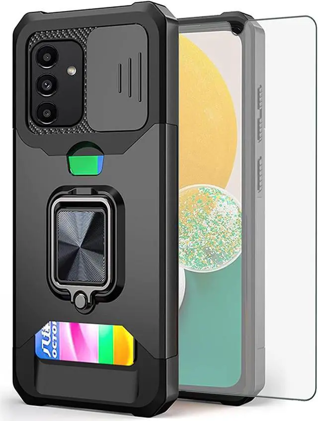 Main image of Military Grade All-In-One Ring Stand Card Case and Tempered Glass Screen Protector for Samsung Galaxy A13 5G / 4G - Black