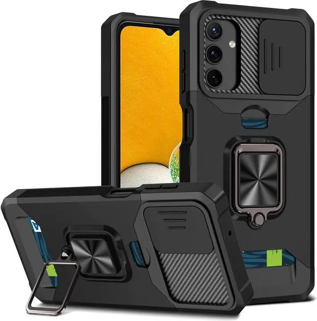 Alt view image 5 of 7 - Military Grade All-In-One Ring Stand Card Case and Tempered Glass Screen Protector for Samsung Galaxy A13 5G / 4G - Black