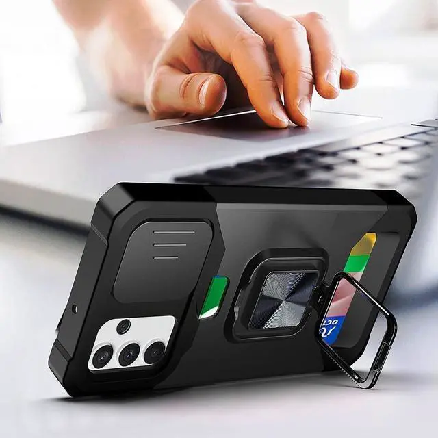 Alt view image 7 of 7 - Military Grade All-In-One Ring Stand Card Case and Tempered Glass Screen Protector for Samsung Galaxy A13 5G / 4G - Black