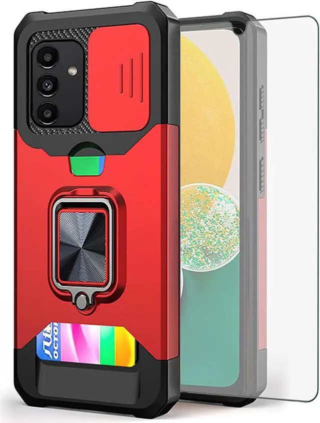 Main image of Military Grade All-In-One Ring Stand Card Case and Tempered Glass Screen Protector for Samsung Galaxy A13 5G / 4G - Red