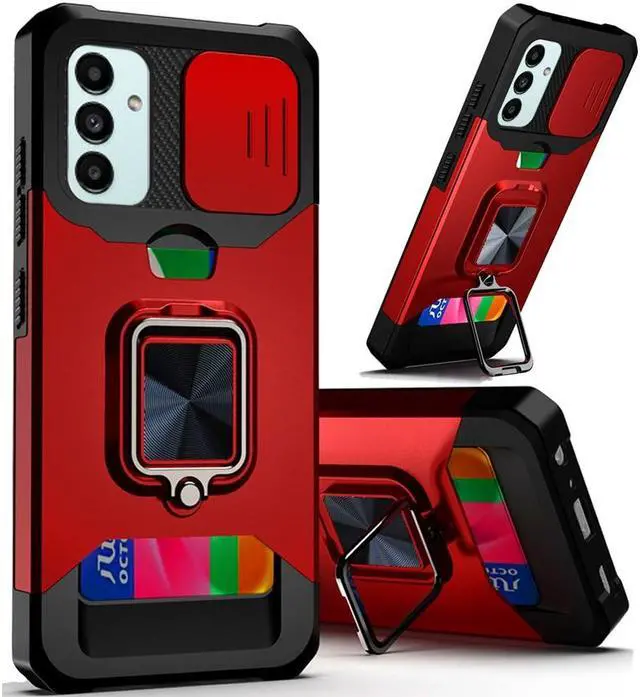 Alt view image 2 of 7 - Military Grade All-In-One Ring Stand Card Case and Tempered Glass Screen Protector for Samsung Galaxy A13 5G / 4G - Red