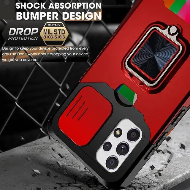 Alt view image 4 of 7 - Military Grade All-In-One Ring Stand Card Case and Tempered Glass Screen Protector for Samsung Galaxy A13 5G / 4G - Red