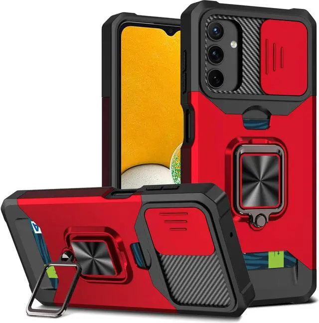 Alt view image 5 of 7 - Military Grade All-In-One Ring Stand Card Case and Tempered Glass Screen Protector for Samsung Galaxy A13 5G / 4G - Red