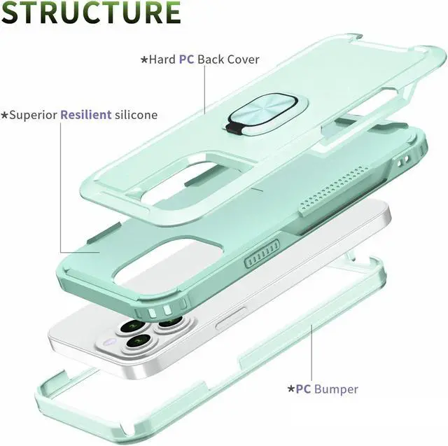 Alt view image 5 of 5 - Military Grade TUFF Hybrid Case with Ring Grip for iPhone 14 Pro - Mint Green