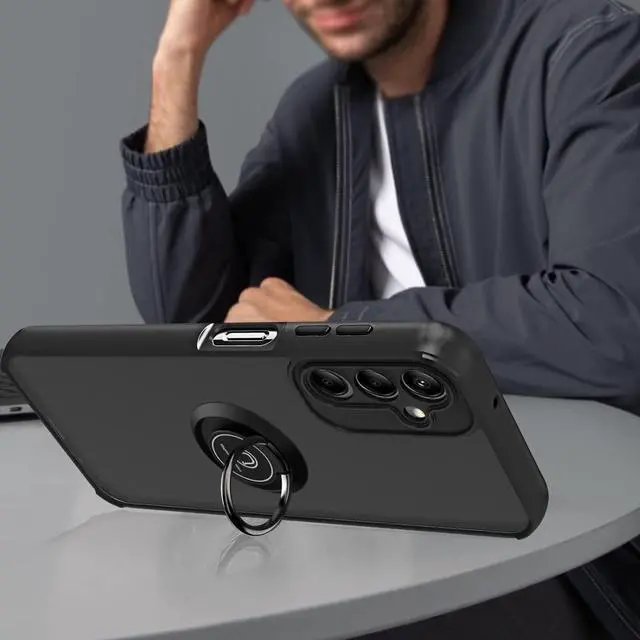 Alt view image 5 of 7 - Transparent Hybrid Case with Ring Grip and Tempered Glass Screen Protector for Samsung Galaxy A14 5G - Black