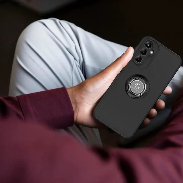 Alt view image 7 of 7 - Transparent Hybrid Case with Ring Grip and Tempered Glass Screen Protector for Samsung Galaxy A14 5G - Black