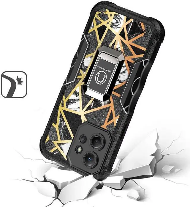 Alt view image 2 of 4 - Military Grade Shockproof Hybrid Armor Case with Ring Grip for Motorola Edge+ 2023 - Marble Black