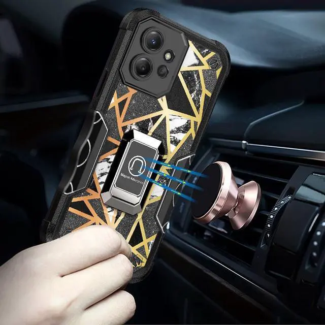 Alt view image 4 of 4 - Military Grade Shockproof Hybrid Armor Case with Ring Grip for Motorola Edge+ 2023 - Marble Black