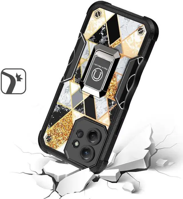 Alt view image 2 of 4 - Military Grade Shockproof Hybrid Armor Case with Ring Grip for Motorola Edge+ 2023 - Marble Gold