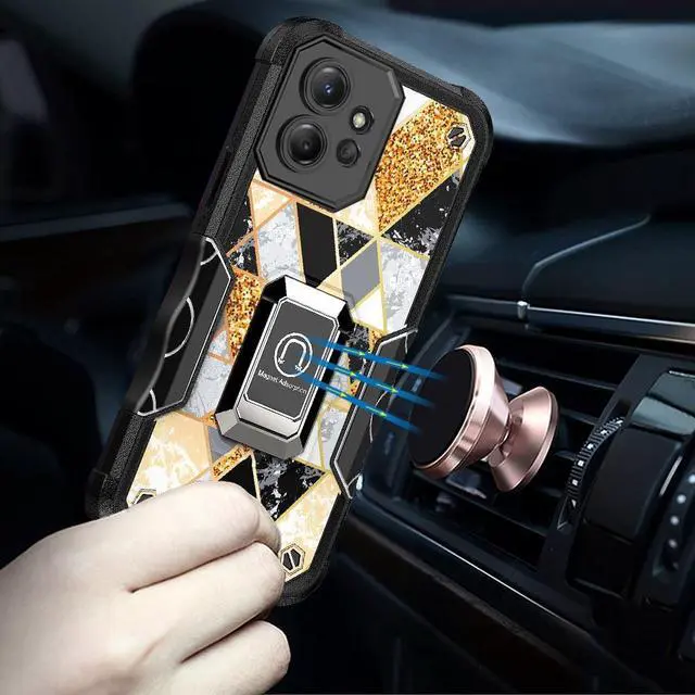 Alt view image 4 of 4 - Military Grade Shockproof Hybrid Armor Case with Ring Grip for Motorola Edge+ 2023 - Marble Gold