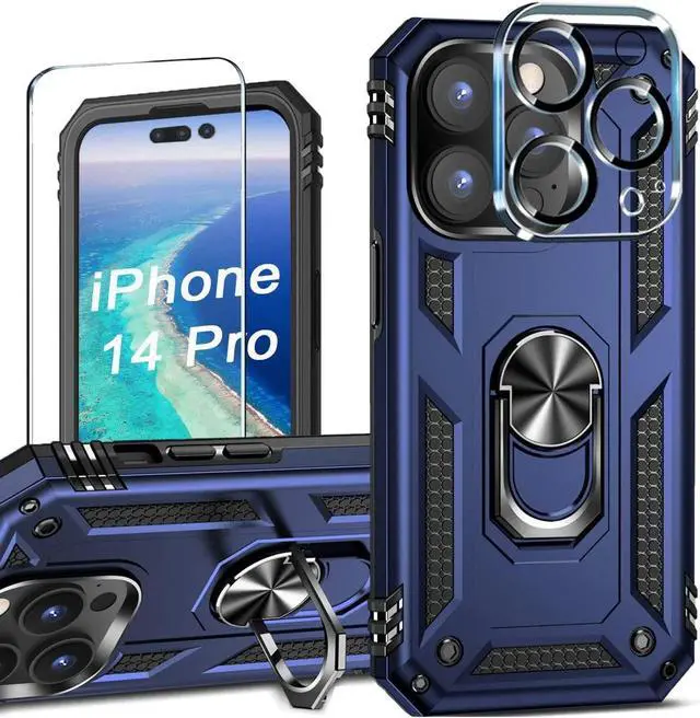 Main image of Military Grade Finger Loop Case with 360° Rotating Ring Grip Kickstand + Tempered Glass Screen and Camera Lens Protector for iPhone 14 Pro - Navy Blue
