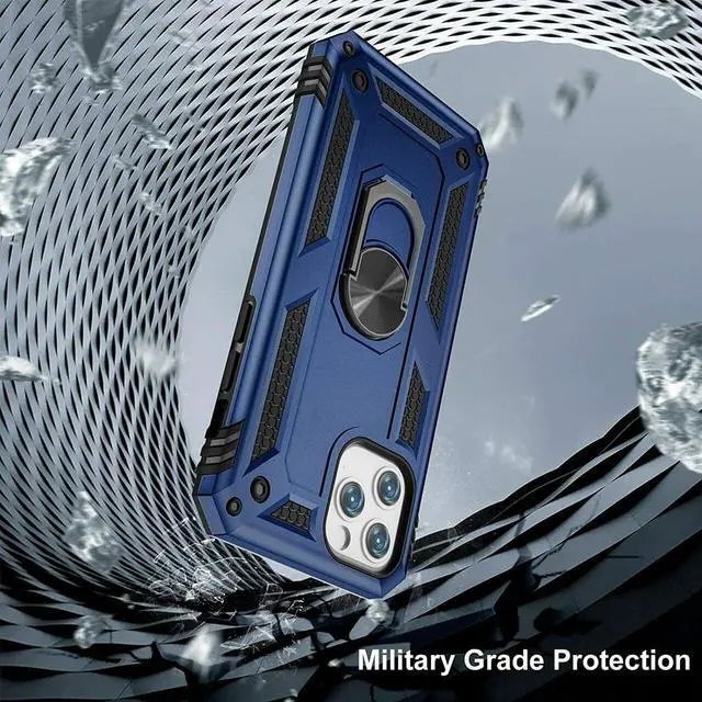 Alt view image 2 of 7 - Military Grade Finger Loop Case with 360° Rotating Ring Grip Kickstand + Tempered Glass Screen and Camera Lens Protector for iPhone 14 Pro - Navy Blue