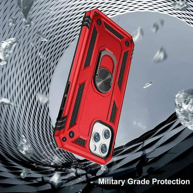 Alt view image 2 of 7 - Military Grade Finger Loop Case with 360° Rotating Ring Grip Kickstand + Tempered Glass Screen and Camera Lens Protector for iPhone 14 Pro - Red