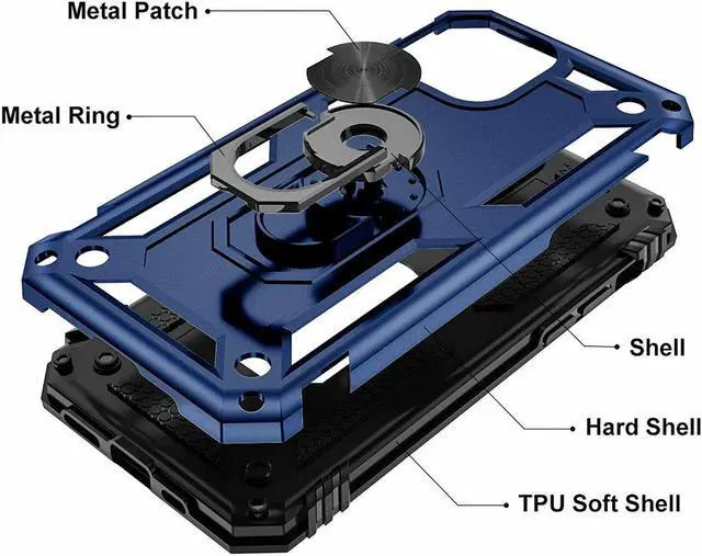 Alt view image 5 of 7 - Military Grade Finger Loop Case with 360° Rotating Ring Grip Kickstand + Tempered Glass Screen and Camera Lens Protector for iPhone 14 Pro - Navy Blue