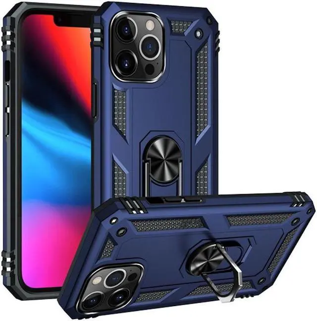 Alt view image 4 of 7 - Military Grade Finger Loop Case with 360° Rotating Ring Grip Kickstand + Tempered Glass Screen and Camera Lens Protector for iPhone 14 Pro - Navy Blue