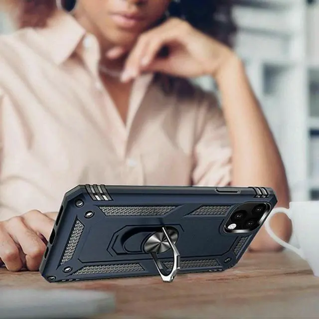 Alt view image 7 of 7 - Military Grade Finger Loop Case with 360° Rotating Ring Grip Kickstand + Tempered Glass Screen and Camera Lens Protector for iPhone 14 Pro - Navy Blue