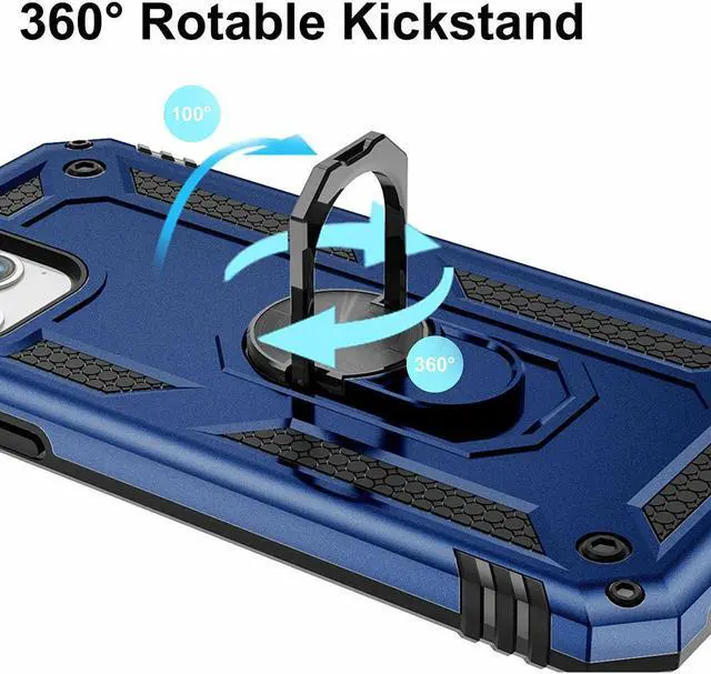 Alt view image 6 of 7 - Military Grade Finger Loop Case with 360° Rotating Ring Grip Kickstand + Tempered Glass Screen and Camera Lens Protector for iPhone 14 Pro - Navy Blue