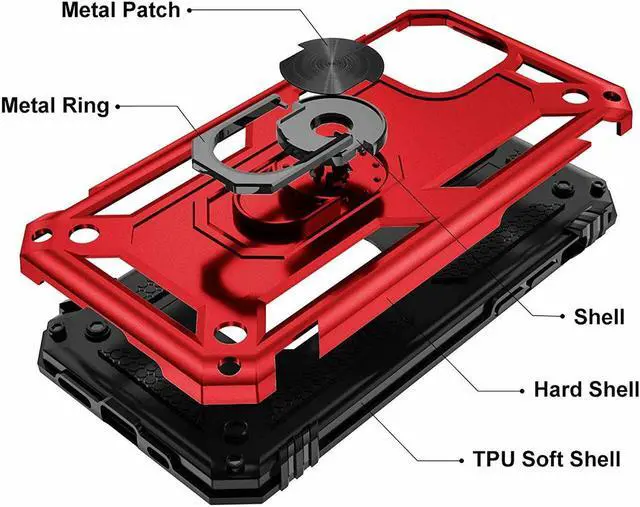 Alt view image 7 of 7 - Military Grade Finger Loop Case with 360° Rotating Ring Grip Kickstand + Tempered Glass Screen and Camera Lens Protector for iPhone 14 Pro - Red