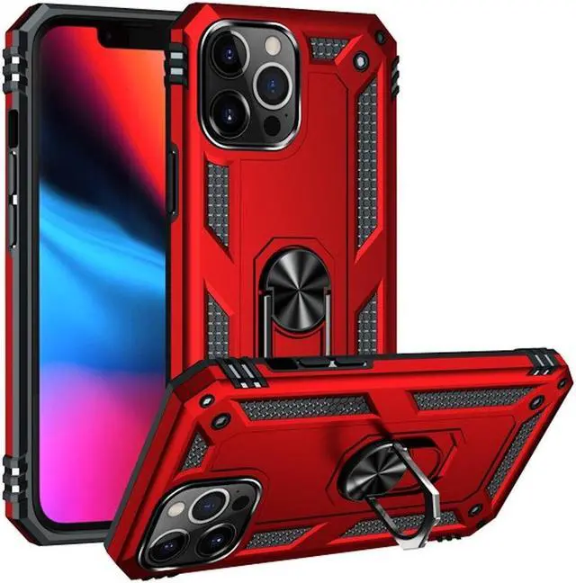 Alt view image 4 of 7 - Military Grade Finger Loop Case with 360° Rotating Ring Grip Kickstand + Tempered Glass Screen and Camera Lens Protector for iPhone 14 Pro - Red