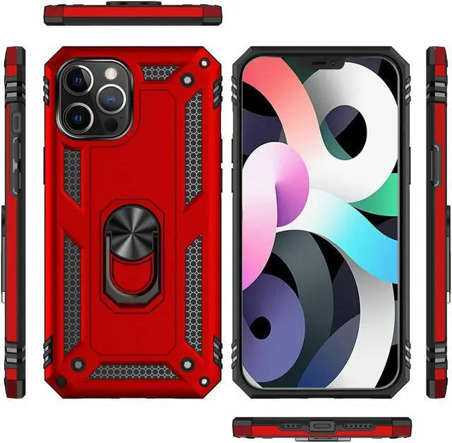 Alt view image 5 of 7 - Military Grade Finger Loop Case with 360° Rotating Ring Grip Kickstand + Tempered Glass Screen and Camera Lens Protector for iPhone 14 Pro - Red