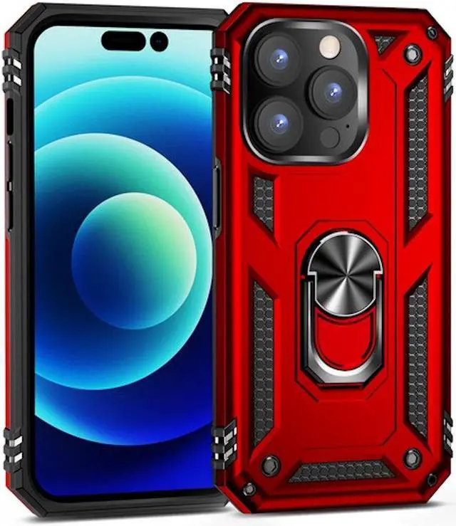 Alt view image 3 of 7 - Military Grade Finger Loop Case with 360° Rotating Ring Grip Kickstand + Tempered Glass Screen and Camera Lens Protector for iPhone 14 Pro - Red