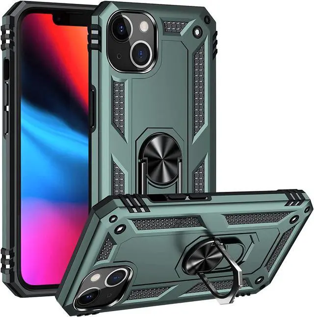 Alt view image 4 of 7 - Military Grade Finger Loop Case with 360° Rotating Ring Grip Kickstand + Tempered Glass Screen and Camera Lens Protector for iPhone 14 - Green