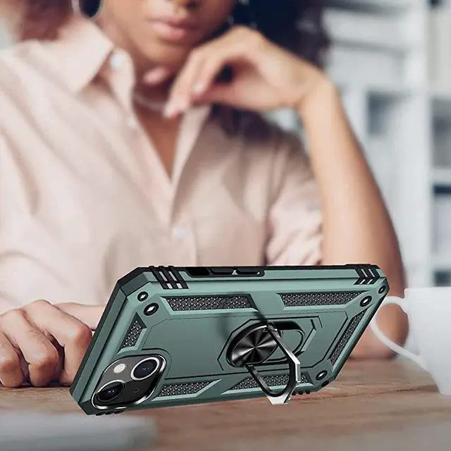 Alt view image 6 of 7 - Military Grade Finger Loop Case with 360° Rotating Ring Grip Kickstand + Tempered Glass Screen and Camera Lens Protector for iPhone 14 - Green