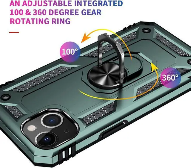 Alt view image 7 of 7 - Military Grade Finger Loop Case with 360° Rotating Ring Grip Kickstand + Tempered Glass Screen and Camera Lens Protector for iPhone 14 - Green