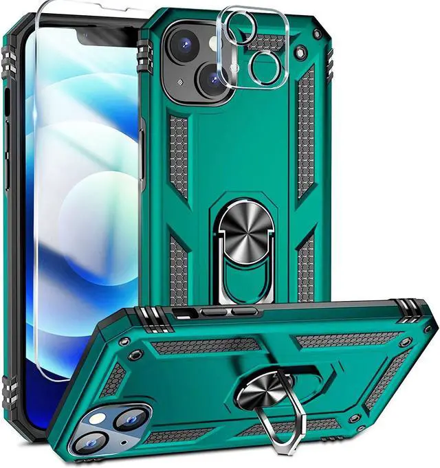 Main image of Military Grade Finger Loop Case with 360° Rotating Ring Grip Kickstand + Tempered Glass Screen and Camera Lens Protector for iPhone 14 - Green