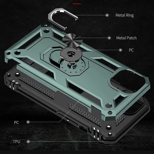 Alt view image 5 of 7 - Military Grade Finger Loop Case with 360° Rotating Ring Grip Kickstand + Tempered Glass Screen and Camera Lens Protector for iPhone 14 - Green