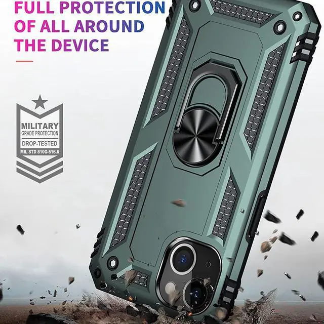 Alt view image 2 of 7 - Military Grade Finger Loop Case with 360° Rotating Ring Grip Kickstand + Tempered Glass Screen and Camera Lens Protector for iPhone 14 - Green