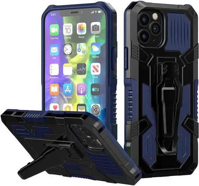Main image of Military Grade Hybrid Armor Case with Integrated Belt Clip and Kickstand for iPhone 14 Pro - Navy Blue