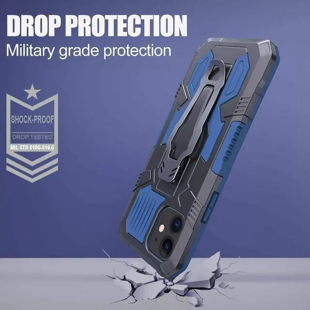 Alt view image 3 of 7 - Military Grade Hybrid Armor Case with Integrated Belt Clip and Kickstand for iPhone 14 Pro - Navy Blue
